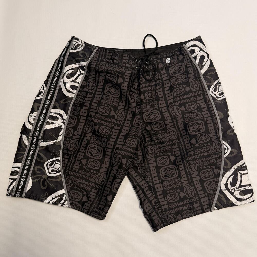 Maui Built Swim Trunks Shorts Mens 38 Black Boardshorts Hawaiian Surf Print